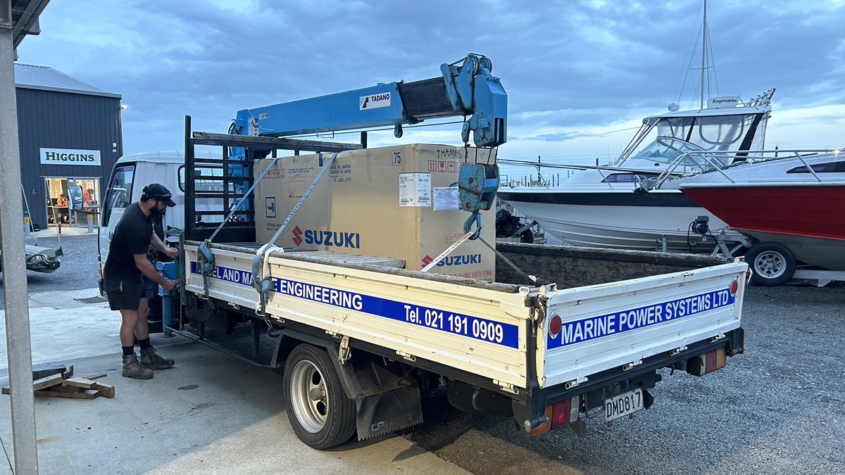 Sealegs repower - new Suzuki loaded on truck