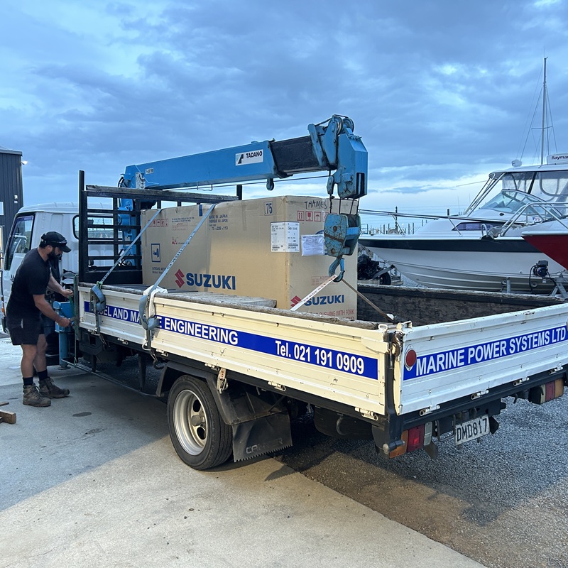Sealegs repower - new Suzuki loaded on truck